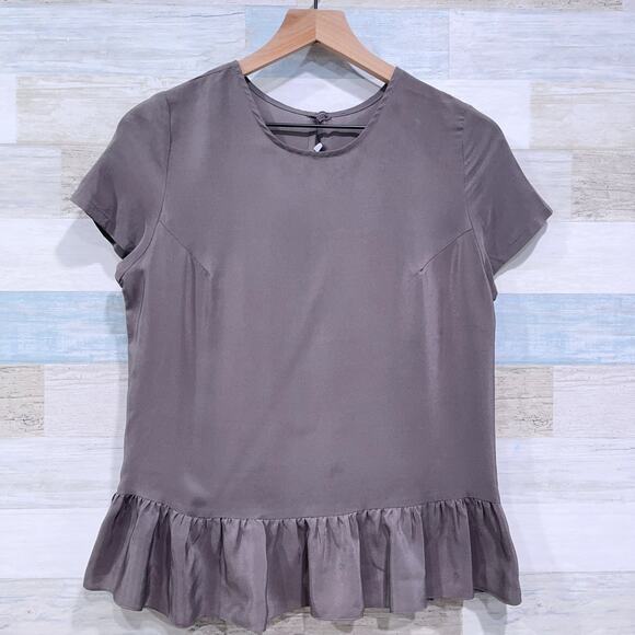 Amanda Uprichard 100% Silk Ruffle Peplum Hem Top Taupe Brown Womens Small - Picture 2 of 7